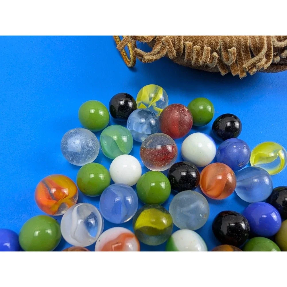 Vintage Bag of 75 Old Marbles Assorted Colors with Suede Leather Pouch